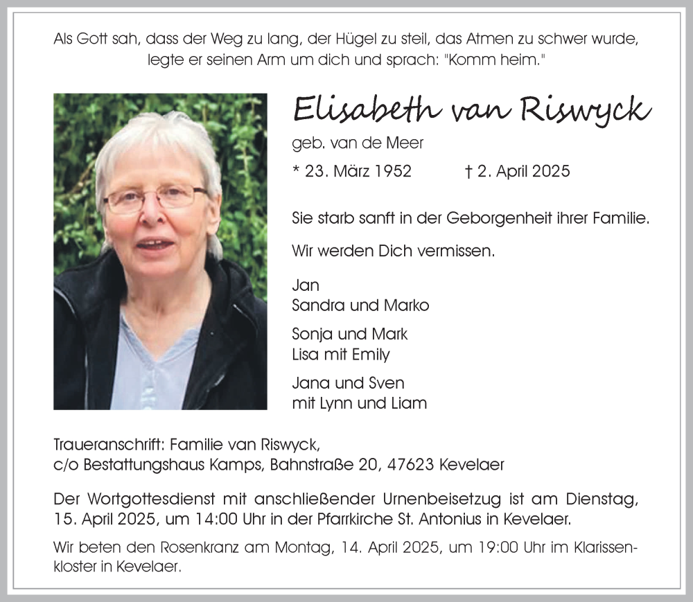  Traueranzeige für Elisabeth van Riswyck vom 12.04.2025 aus NNA