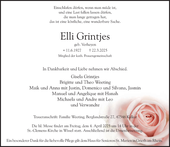 Traueranzeige von Elli Grintjes von NNA