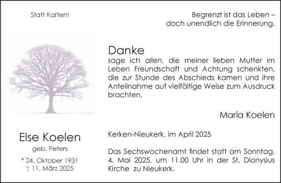 Traueranzeige von Else Koelen von NNA
