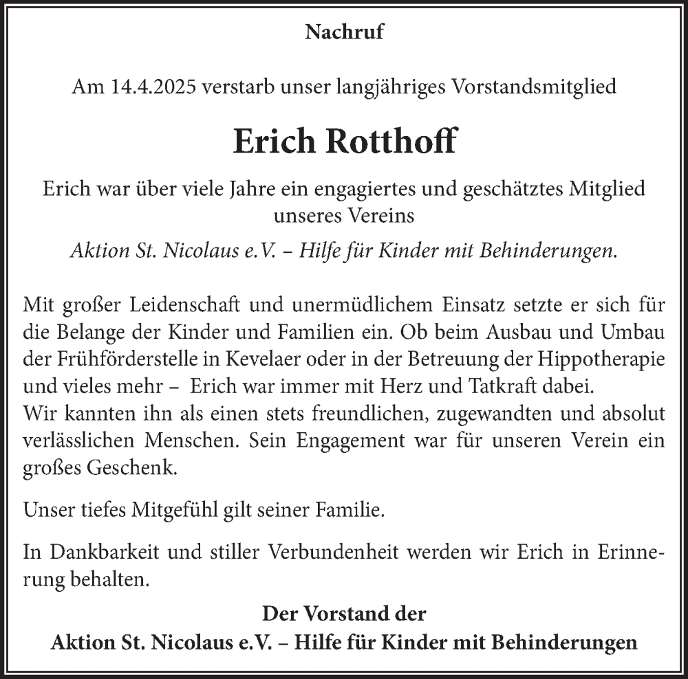  Traueranzeige für Erich Rotthoff vom 30.04.2025 aus NNA