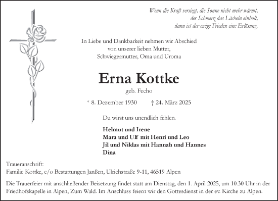 Traueranzeige von Erna Kottke von NNA