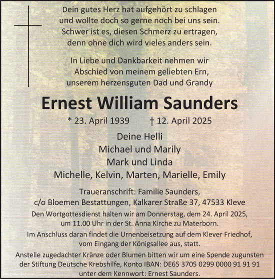 Traueranzeige von Ernest William Saunders von NNA
