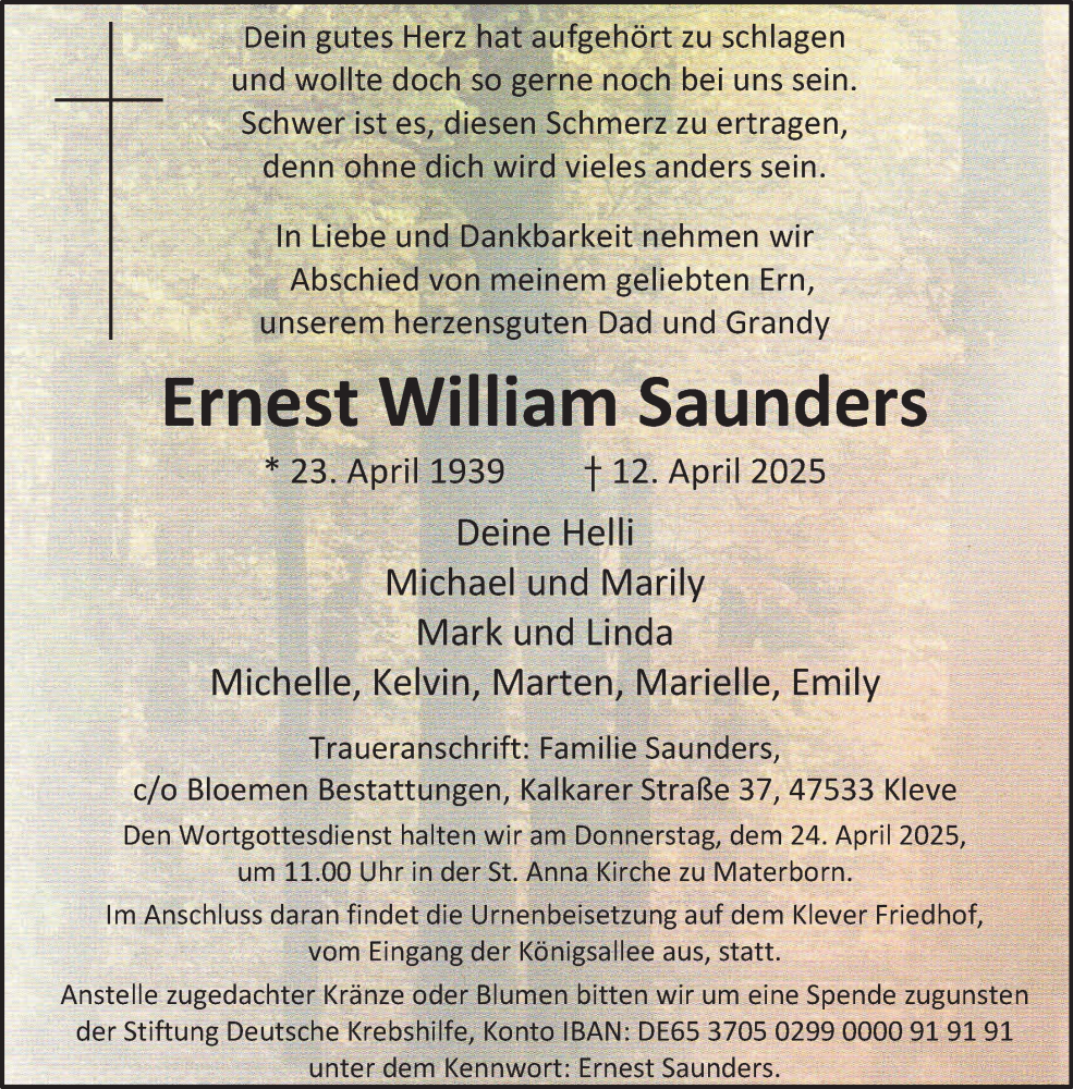  Traueranzeige für Ernest William Saunders vom 19.04.2025 aus NNA