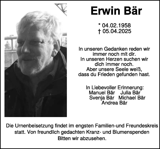 Traueranzeige von Erwin Bär von NNA