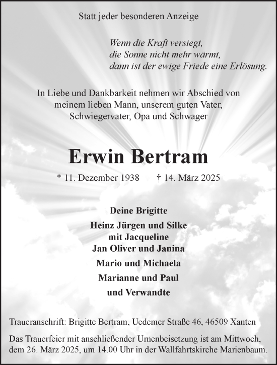 Traueranzeige von Erwin Bertram von NNA