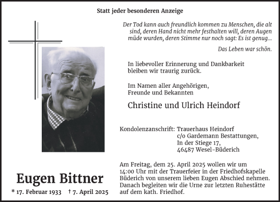 Traueranzeige von Eugen Bittner von NNA