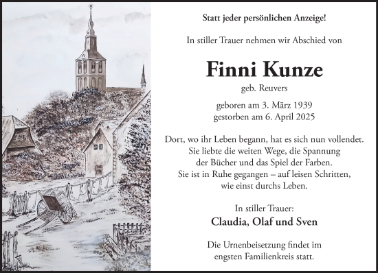 Traueranzeige von Finni Kunze von NNA