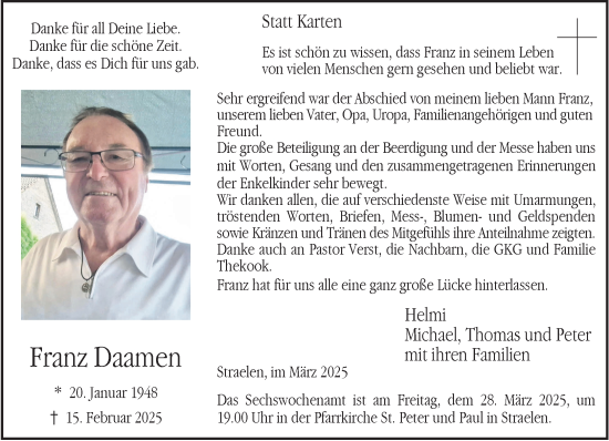 Traueranzeige von Franz Daamen von NNA