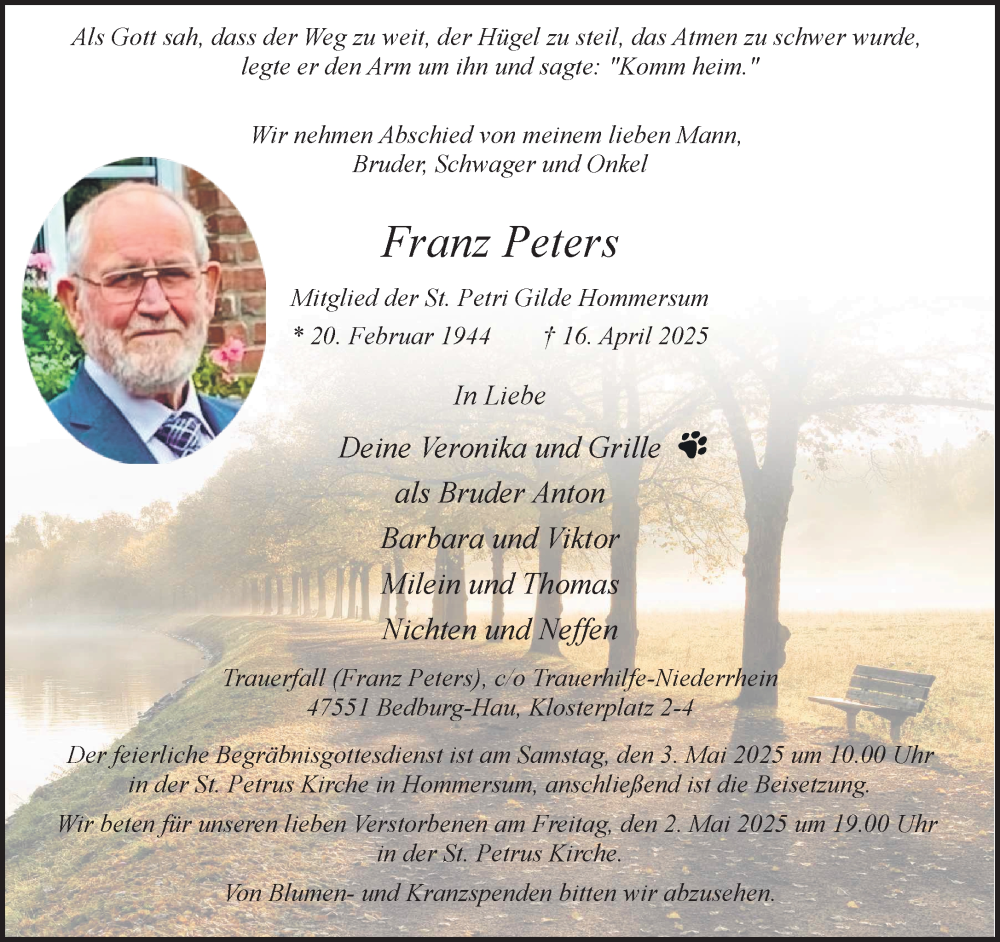  Traueranzeige für Franz Peters vom 26.04.2025 aus NNA