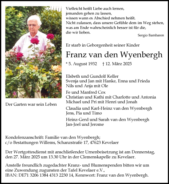 Traueranzeige von Franz van den Wyenbergh von NNA