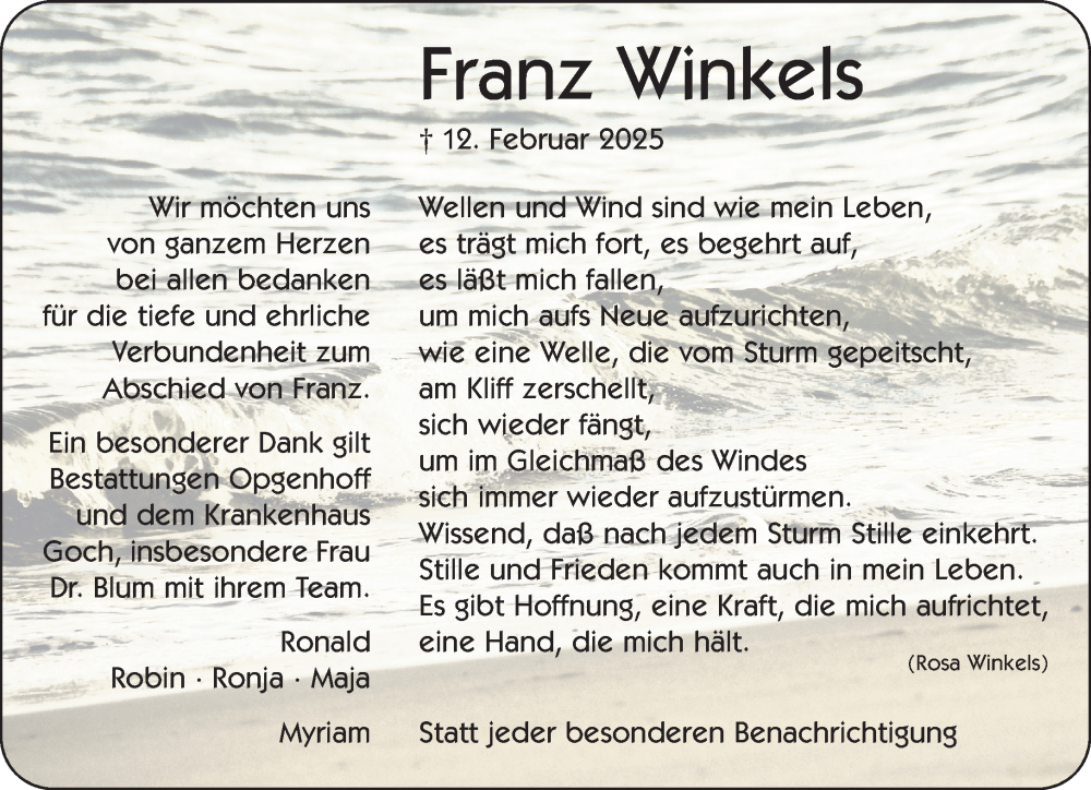  Traueranzeige für Franz Winkels vom 05.04.2025 aus NNA