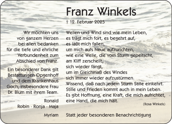 Traueranzeige von Franz Winkels von NNA