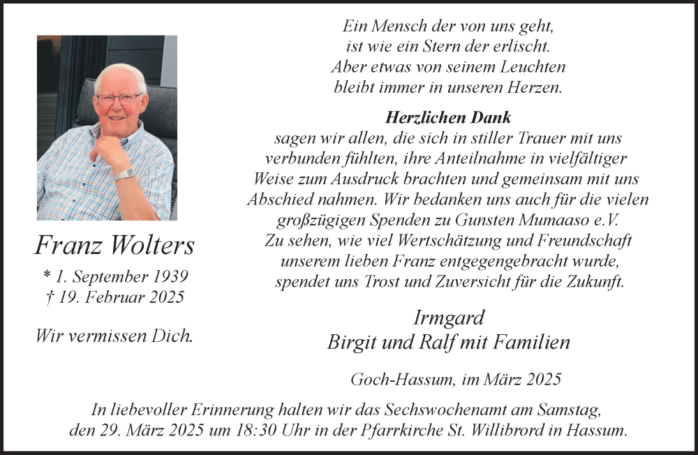  Traueranzeige für Franz Wolters vom 22.03.2025 aus NNA