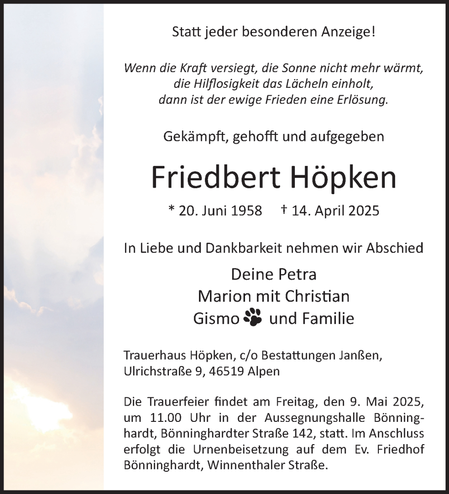  Traueranzeige für Friedbert Höpken vom 26.04.2025 aus NNA