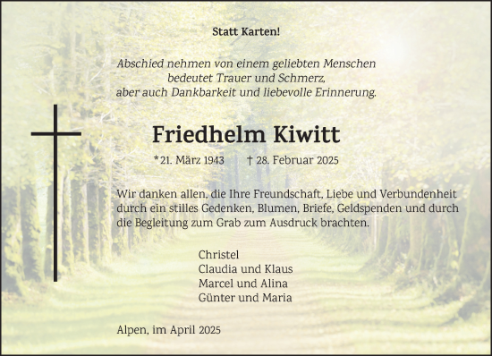 Traueranzeige von Friedhelm Kiwitt von NNA