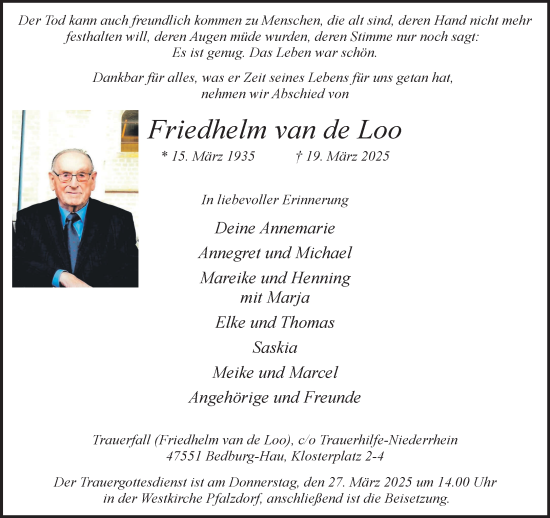 Traueranzeige von Friedhelm van de Loo von NNA