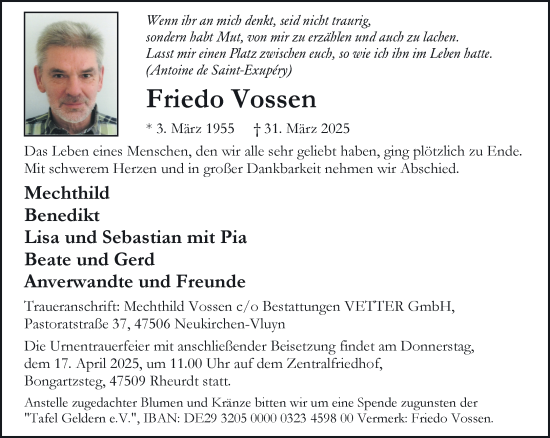 Traueranzeige von Friedo Vossen von NNA