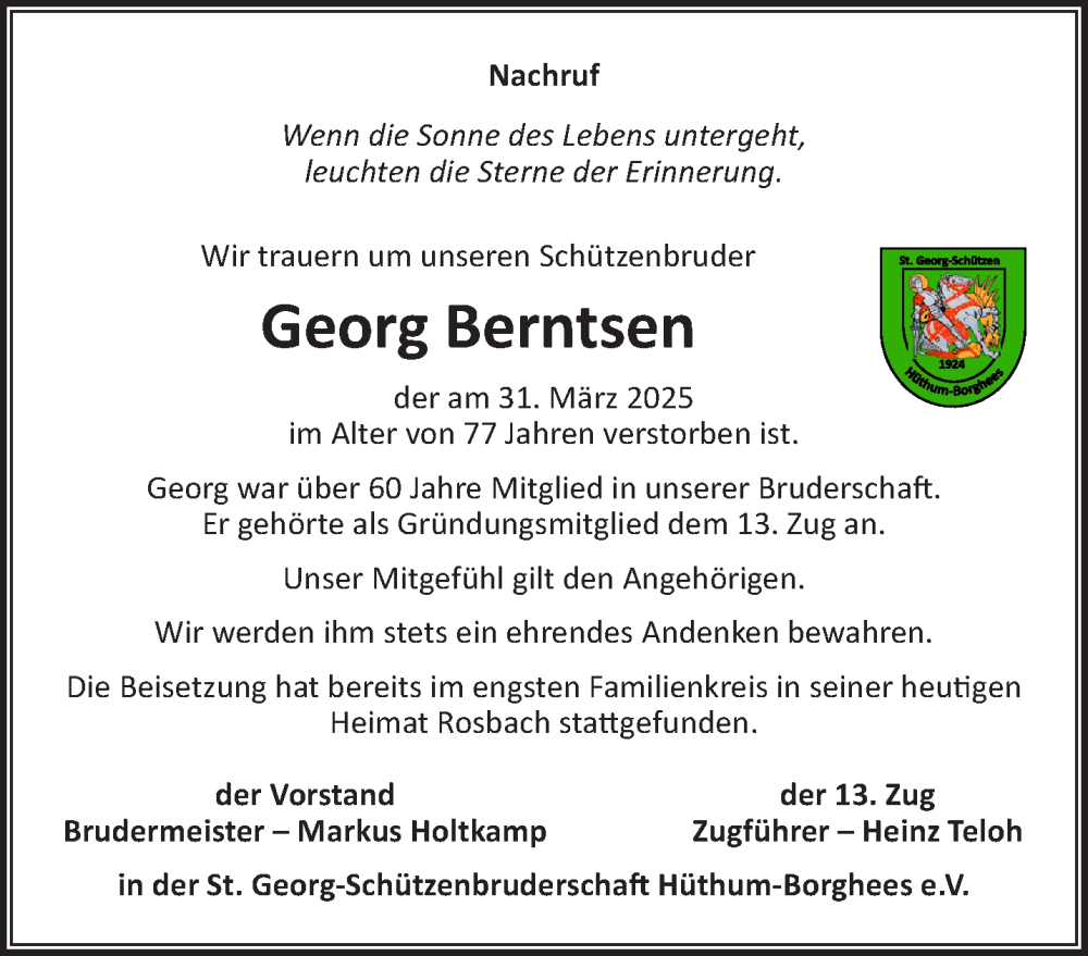  Traueranzeige für Georg Berntsen vom 19.04.2025 aus NNA