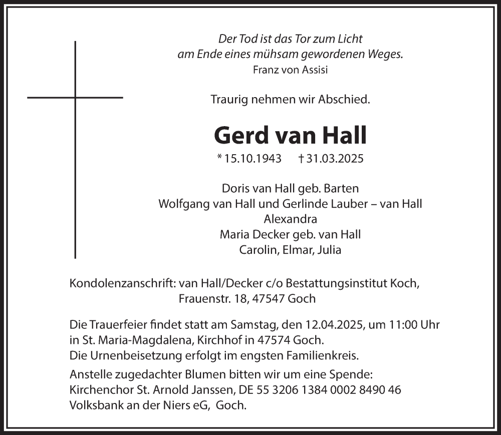  Traueranzeige für Gerd van Hall vom 05.04.2025 aus NNA