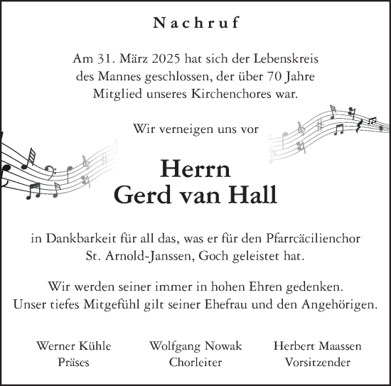 Traueranzeige von Gerd van Hall von NNA