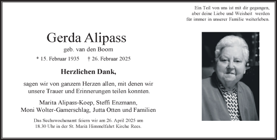 Traueranzeige von Gerda Alipass von NNA
