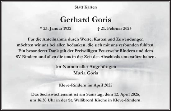 Traueranzeige von Gerhard Goris von NNA