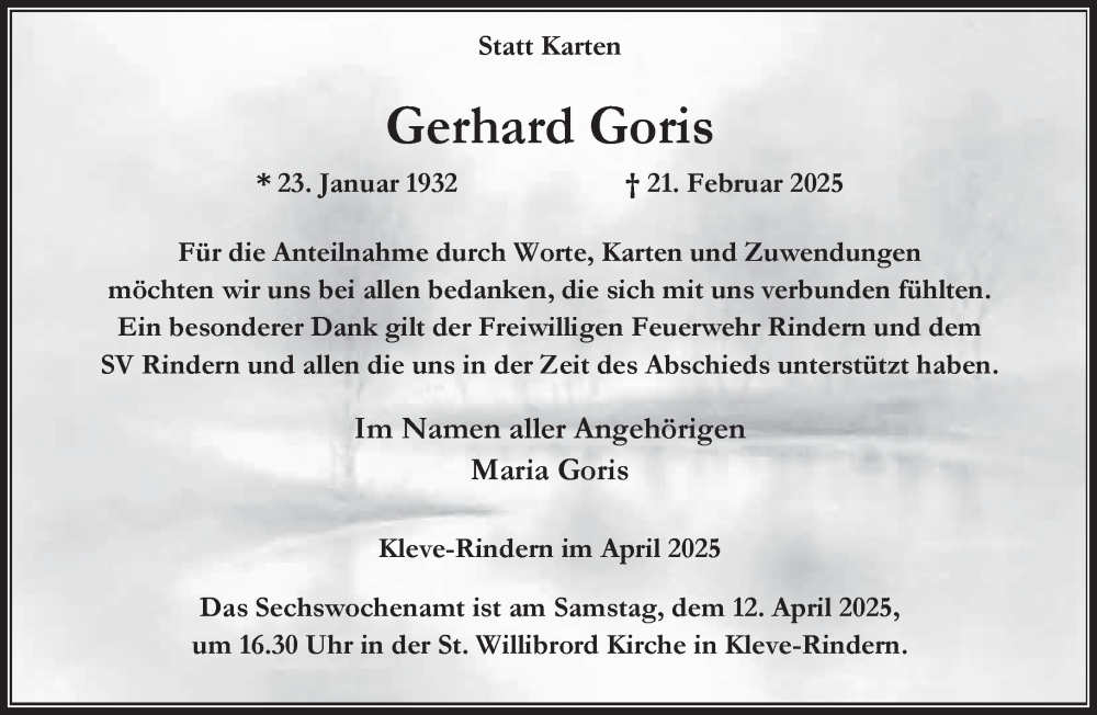  Traueranzeige für Gerhard Goris vom 05.04.2025 aus NNA