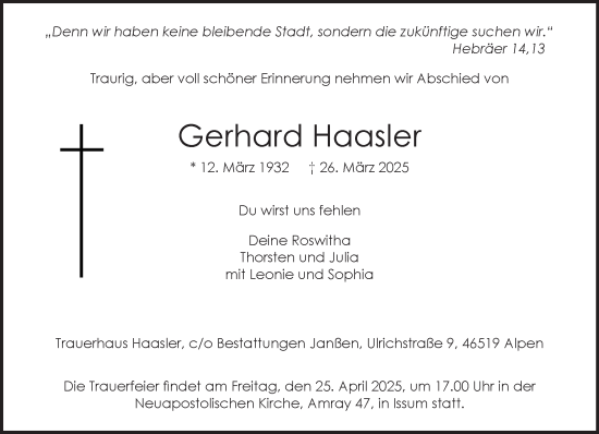 Traueranzeige von Gerhard Haasler von NNA