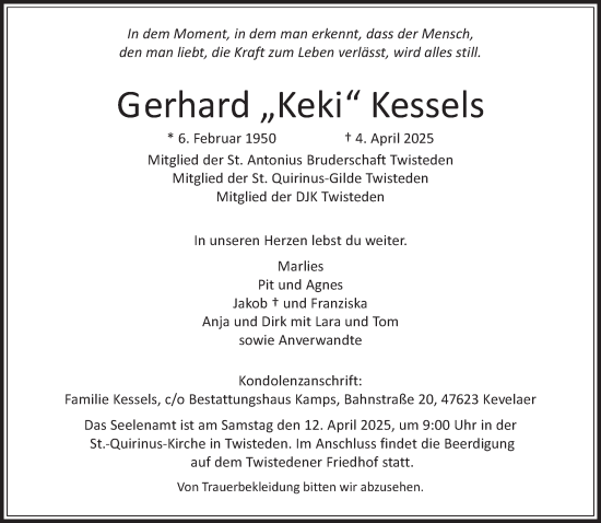 Traueranzeige von Gerhard Kessels von NNA