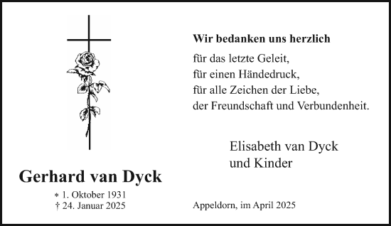 Traueranzeige von Gerhard van Dyck von NNA