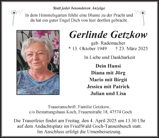 Traueranzeige von Gerlinde Getzkow von NNA