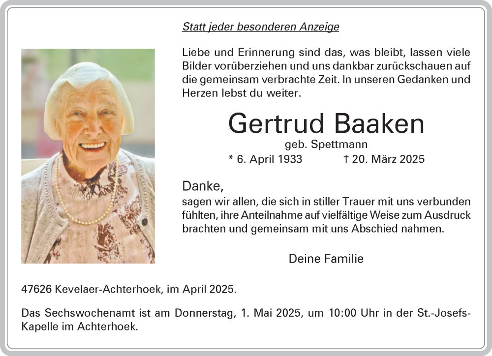  Traueranzeige für Gertrud Baaken vom 26.04.2025 aus NNA