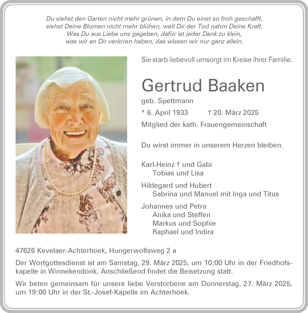  Traueranzeige für Gertrud Baaken vom 26.03.2025 aus NNA