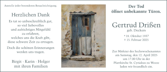 Traueranzeige von Gertrud Drißen von NNA