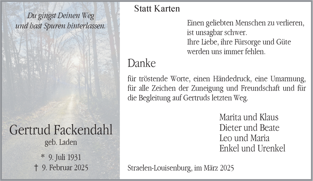  Traueranzeige für Gertrud Fackendahl vom 22.03.2025 aus NNA
