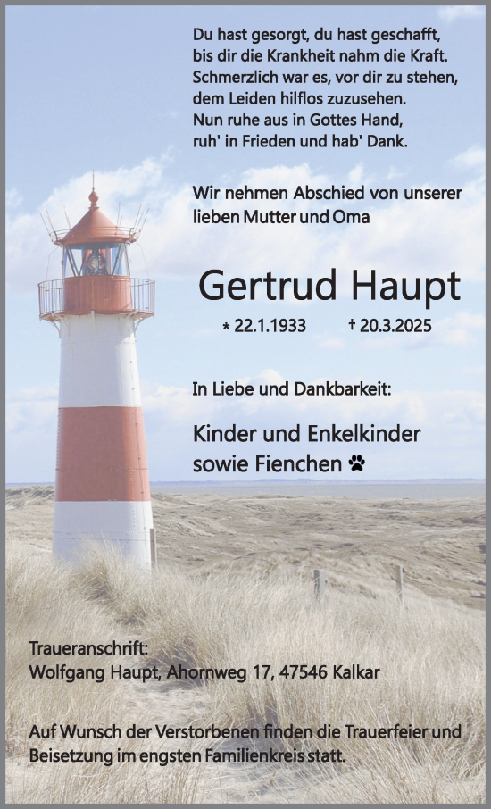 Traueranzeige von Gertrud Haupt von NNA