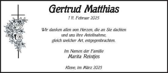 Traueranzeige von Gertrud Matthias von NNA