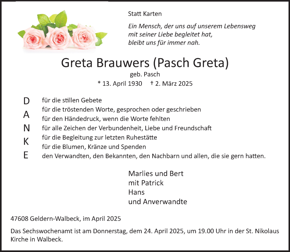  Traueranzeige für Greta Brauwers vom 19.04.2025 aus NNA