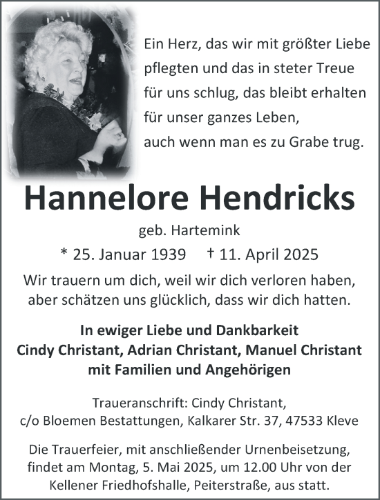 Traueranzeige von Hannelore Hendricks von NNA