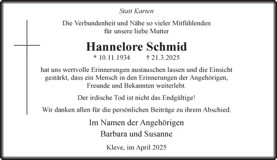 Traueranzeige von Hannelore Schmid von NNA
