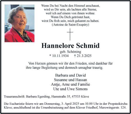 Traueranzeige von Hannelore Schmid von NNA