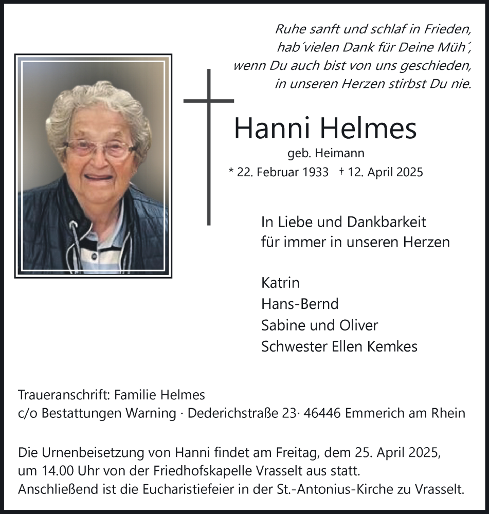  Traueranzeige für Hanni Helmes vom 19.04.2025 aus NNA