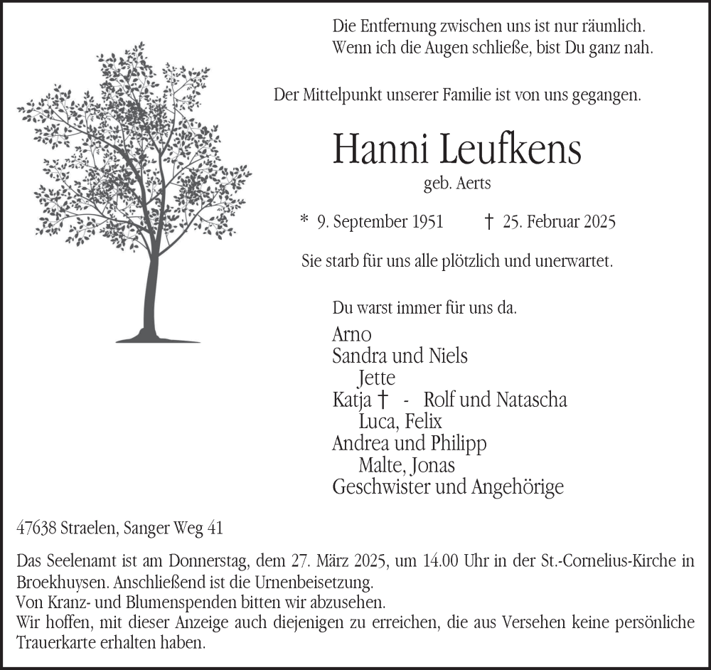  Traueranzeige für Hanni Leufkens vom 22.03.2025 aus NNA
