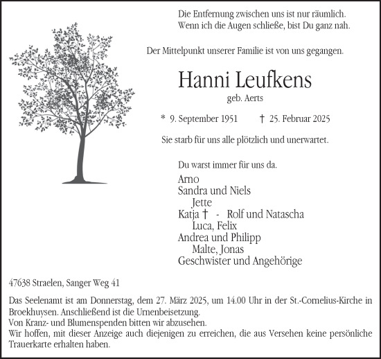 Traueranzeige von Hanni Leufkens von NNA