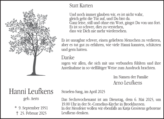 Traueranzeige von Hanni Leufkens von NNA