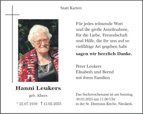 Traueranzeige von Hanni Leukers von NNA