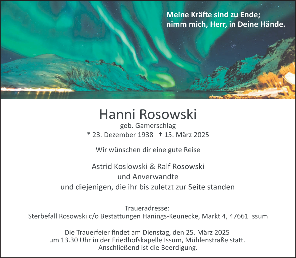  Traueranzeige für Hanni Rosowski vom 22.03.2025 aus NNA