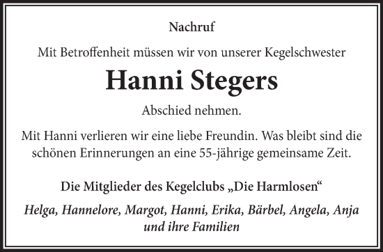 Traueranzeige von Hanni Stegers von NNA
