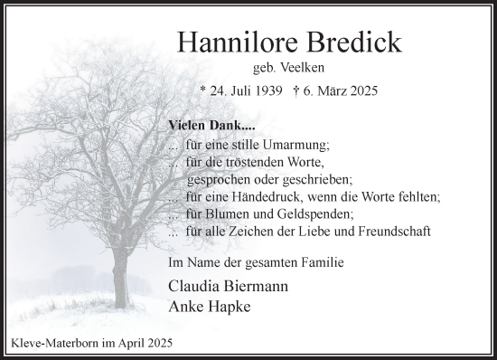 Traueranzeige von Hannilore Bredick von NNA