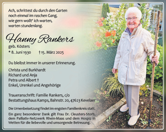 Traueranzeige von Hanny Rankers von NNA